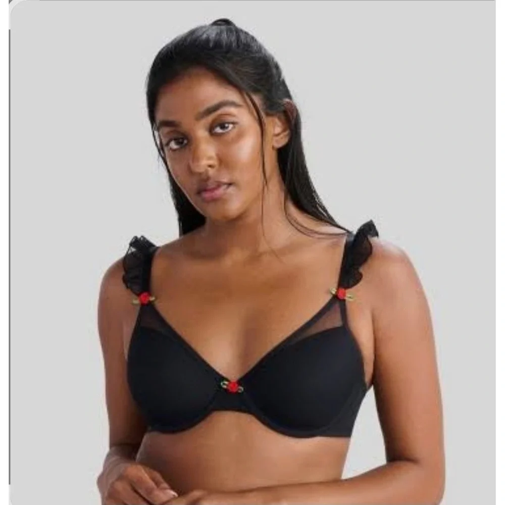 Parade Eightball Silky Mesh Underwire Bra Black Rose‎ Floral Ruffle Trim S+ New